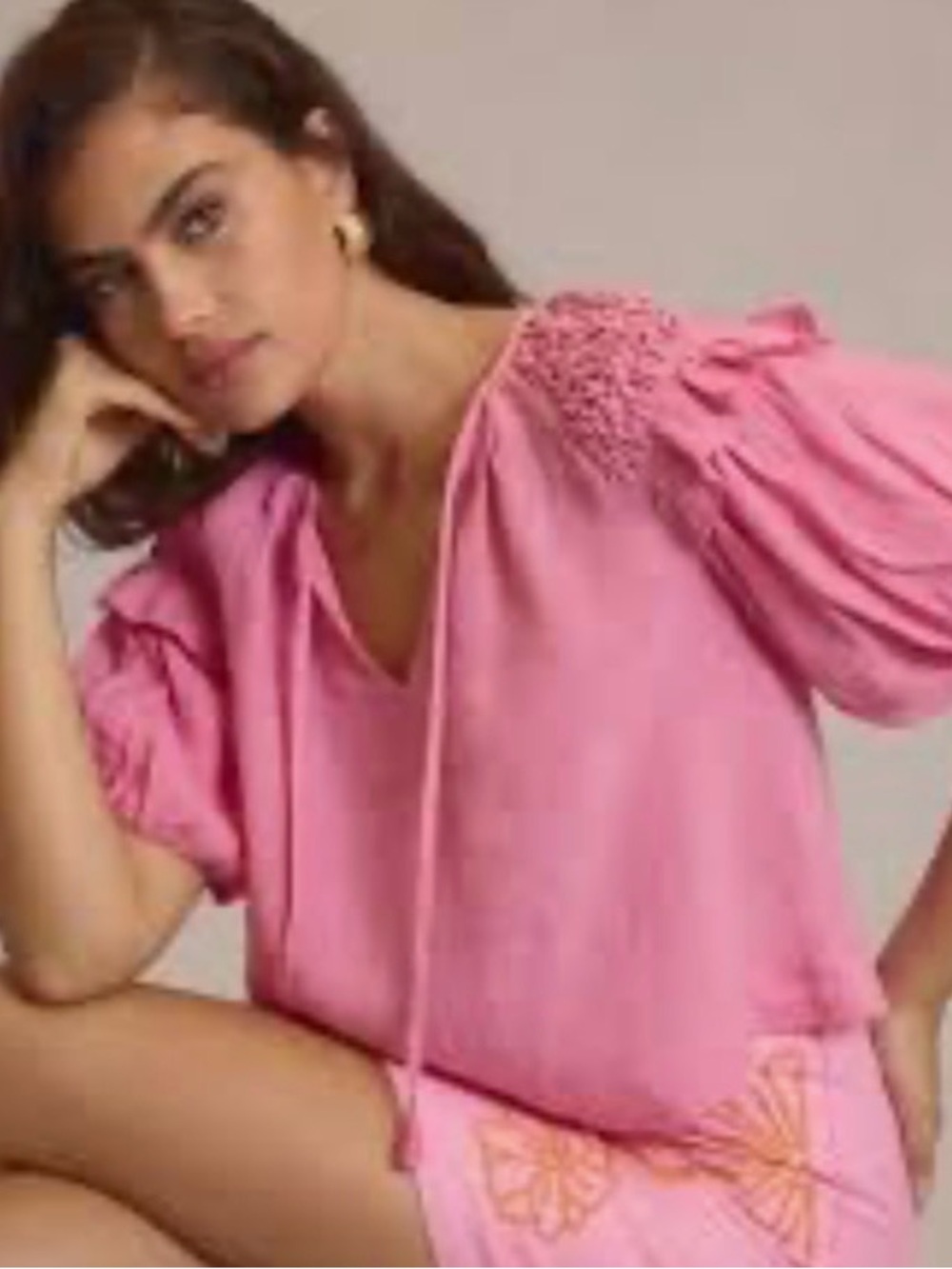 Pink V-Neck Puff Sleeve Blouse